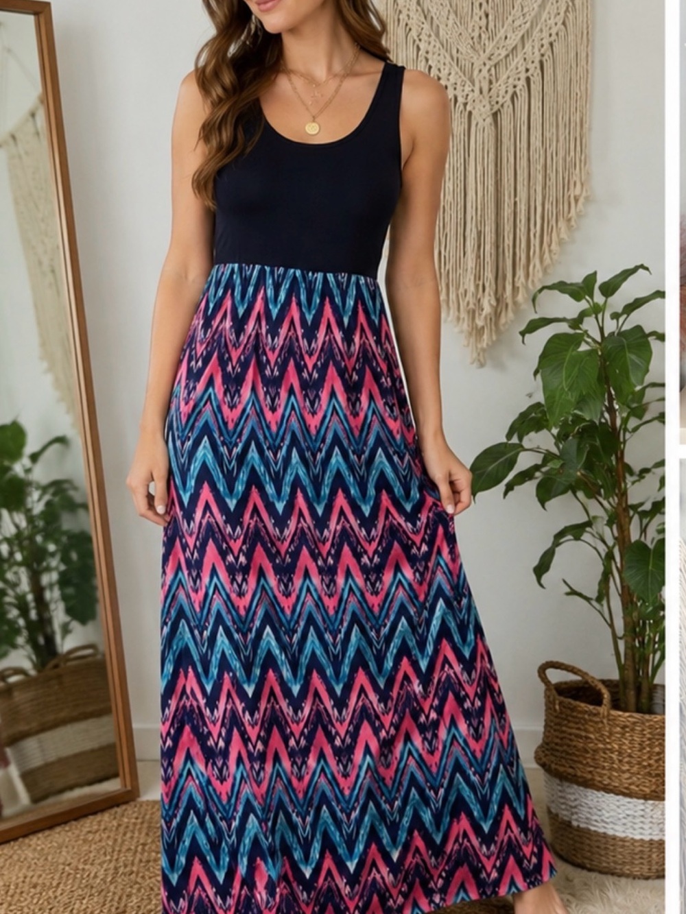 Sleeveless Navy & Pink Chevron Maxi Dress